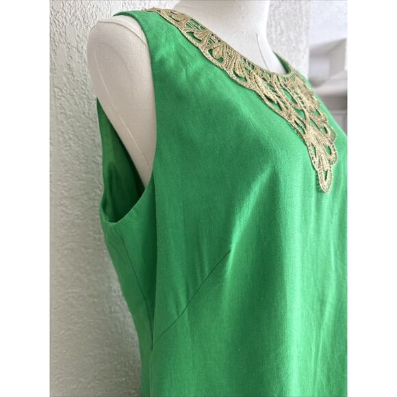 Linen Cocktail Formal Dress Midi Green Gold Embroidered Size 14 Zipper Back Rare - Picture 7 of 14